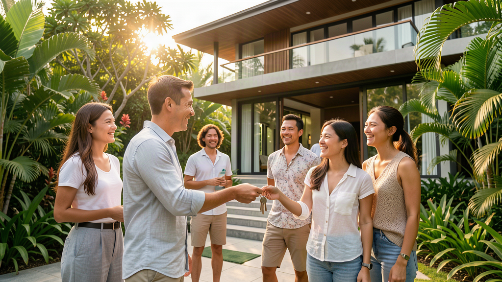 Property manager handing over keys to smiling guests at the entrance of a Phuket villa