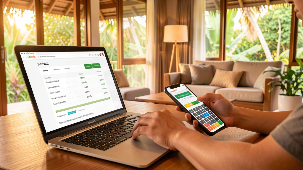 Person reviewing Airbnb host fee structure and payout on a laptop and phone in a Phuket villa