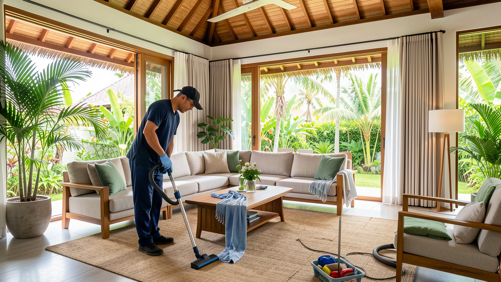 Professional cleaning staff vacuuming and preparing a Phuket villa living room between Airbnb guests