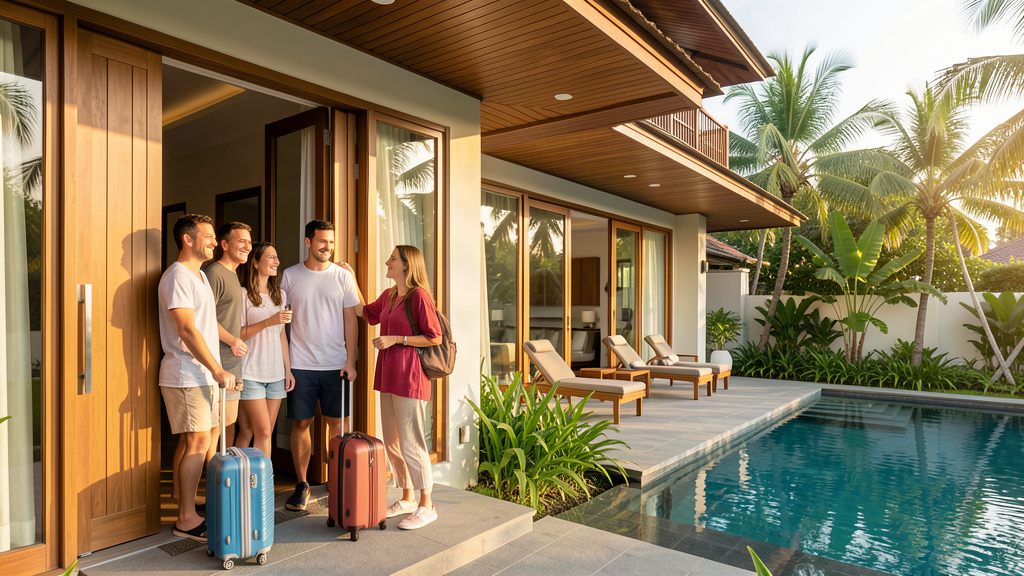 Group of guests with suitcases checking out of a modern Phuket pool villa in the morning